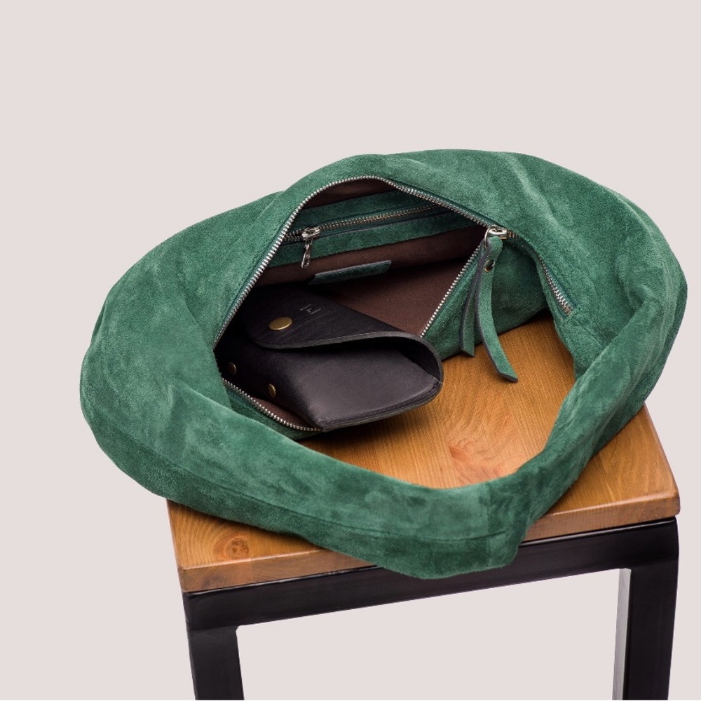 Tefia Ukraine Green Suede Hobo Bag | Handmade Leather Slouchy Shoulder - Picture 7 of 7